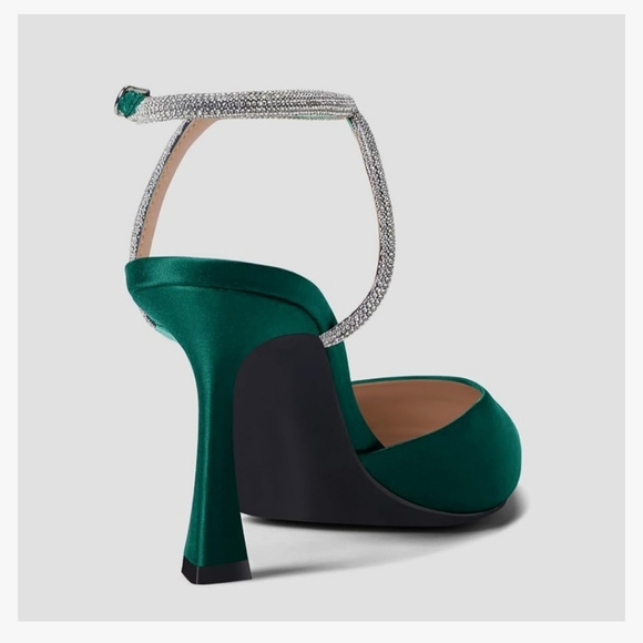 NEW Rhinestone Pointed Toe High Heels Sparkly Green Emerald Women's Satin Pumps - Picture 4 of 5